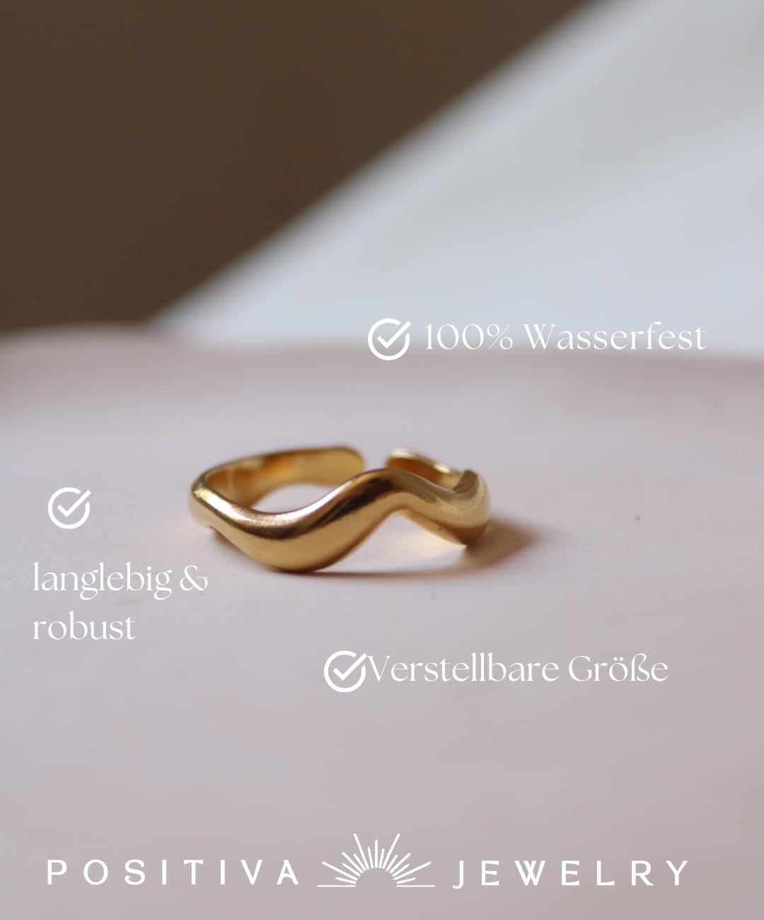 Positiva Jewelry Wellen-Ring Damen Gold – Offener Edelstahlring, 18k vergoldet, größenverstellbar, wasserfest & hypoallergen – Minimalistischer Statement-Ring, Geschenk Frauen inkl. Schmuckbox