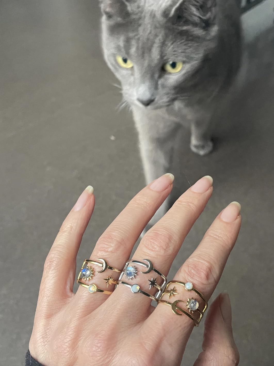 Himmlischer Ring mit Sonne Mond und Sterne/Mondstein Ring Gold/Opal Astrologie schmuck/Himmelskörper ring/Geschenk für sie