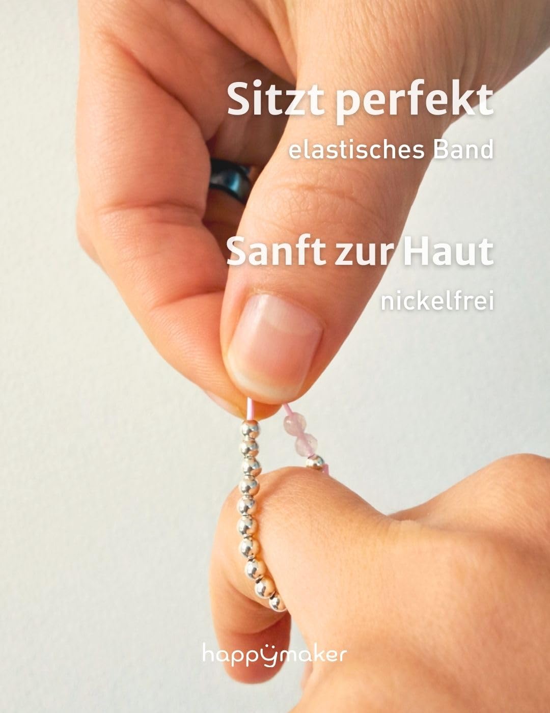 happymaker - Silberringe mit Edelsteinen, handmade in Deutschland, elastischer Damenring Silber 925 mit Kugeln und echten Edelsteinen, Monstein und Rosenquarz