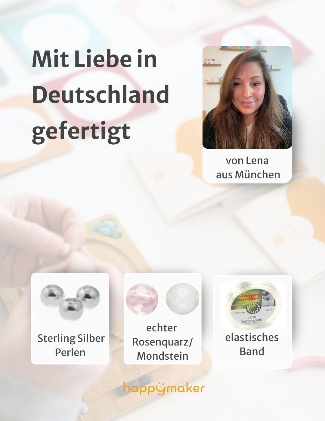 happymaker - Silberringe mit Edelsteinen, handmade in Deutschland, elastischer Damenring Silber 925 mit Kugeln und echten Edelsteinen, Monstein und Rosenquarz