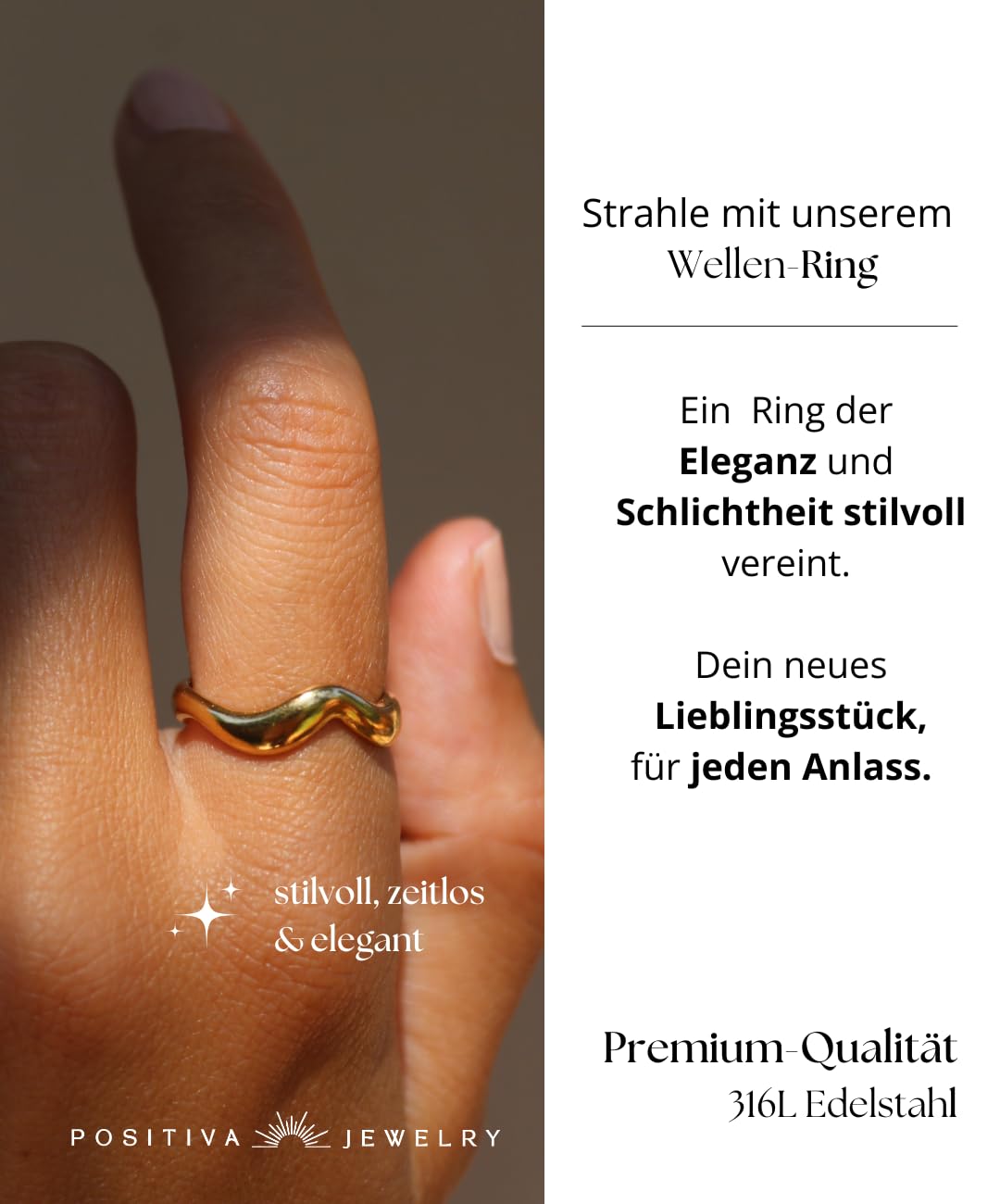 Positiva Jewelry Wellen-Ring Damen Gold – Offener Edelstahlring, 18k vergoldet, größenverstellbar, wasserfest & hypoallergen – Minimalistischer Statement-Ring, Geschenk Frauen inkl. Schmuckbox