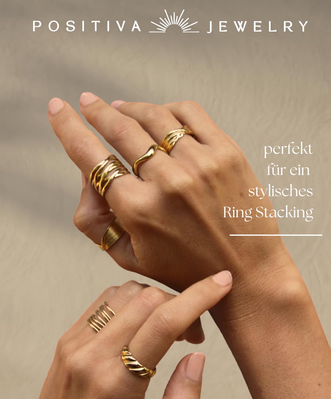 Positiva Jewelry Wellen-Ring Damen Gold – Offener Edelstahlring, 18k vergoldet, größenverstellbar, wasserfest & hypoallergen – Minimalistischer Statement-Ring, Geschenk Frauen inkl. Schmuckbox