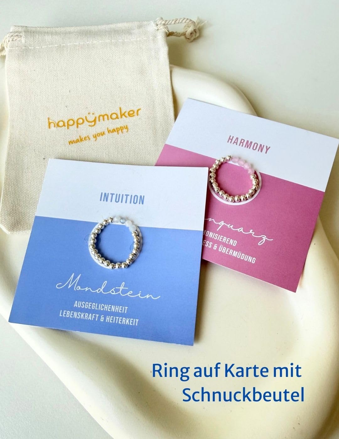 happymaker - Silberringe mit Edelsteinen, handmade in Deutschland, elastischer Damenring Silber 925 mit Kugeln und echten Edelsteinen, Monstein und Rosenquarz