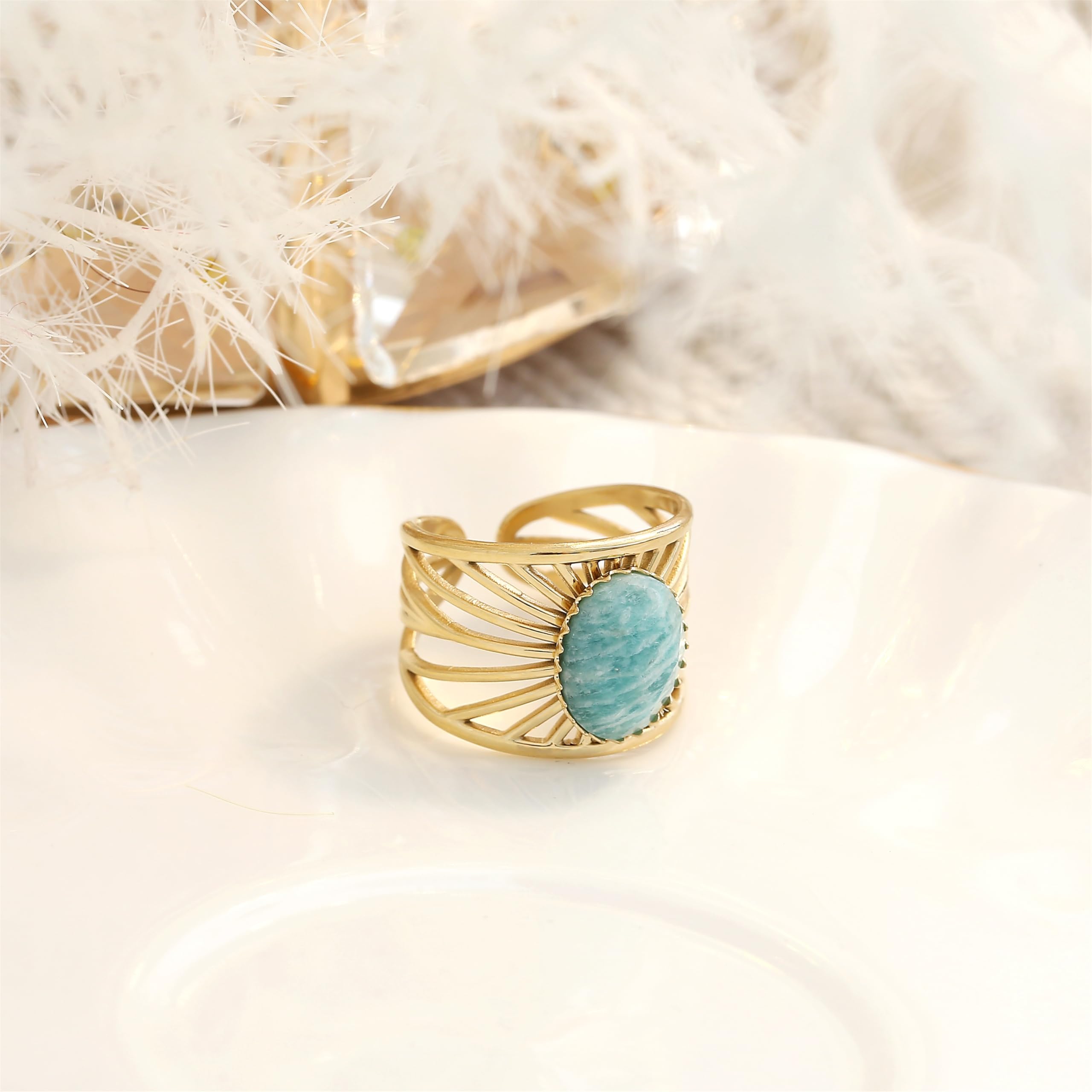 Made by Nami Boho Ring Gold Damen mit Edelstein Ring Verstellbar aus Chirurgischem Edelstahl 316 Geschenke für Frauen Wasserfester Schmuck (Sonnenstrahlen Gold)
