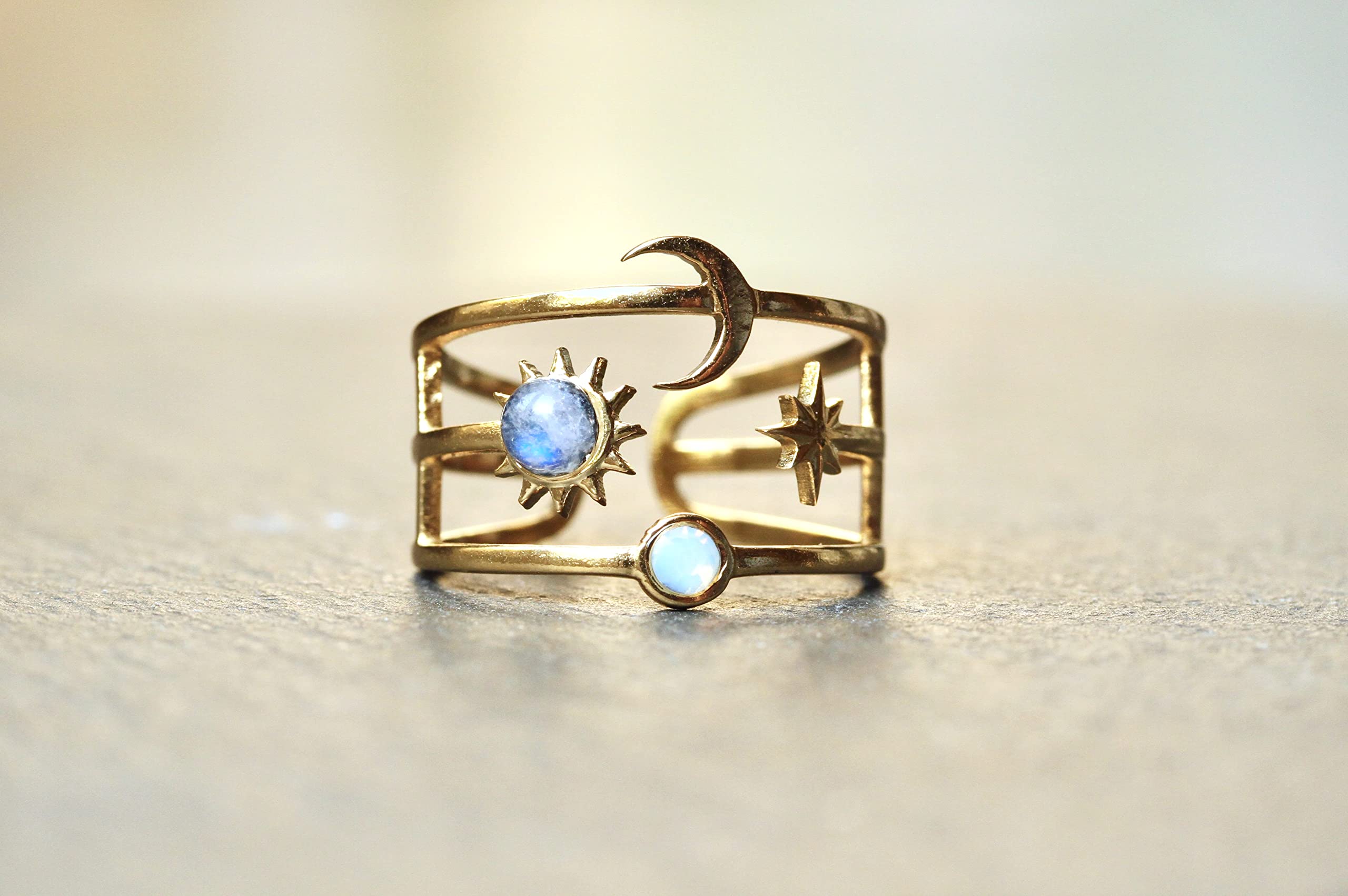 Himmlischer Ring mit Sonne Mond und Sterne/Mondstein Ring Gold/Opal Astrologie schmuck/Himmelskörper ring/Geschenk für sie