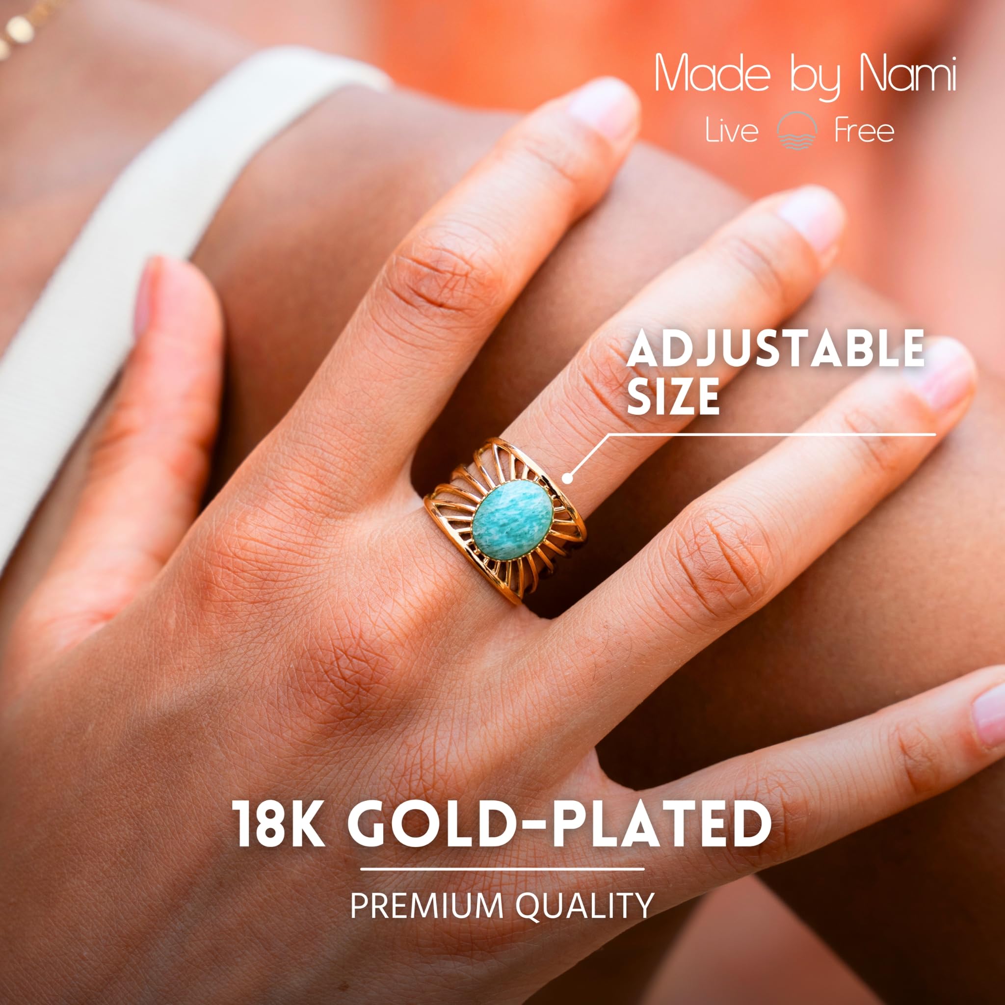 Made by Nami Boho Ring Gold Damen mit Edelstein Ring Verstellbar aus Chirurgischem Edelstahl 316 Geschenke für Frauen Wasserfester Schmuck (Sonnenstrahlen Gold)