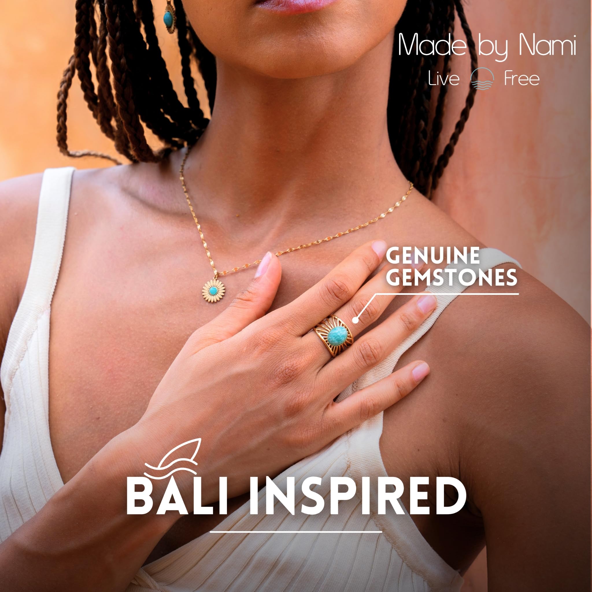 Made by Nami Boho Ring Gold Damen mit Edelstein Ring Verstellbar aus Chirurgischem Edelstahl 316 Geschenke für Frauen Wasserfester Schmuck (Sonnenstrahlen Gold)