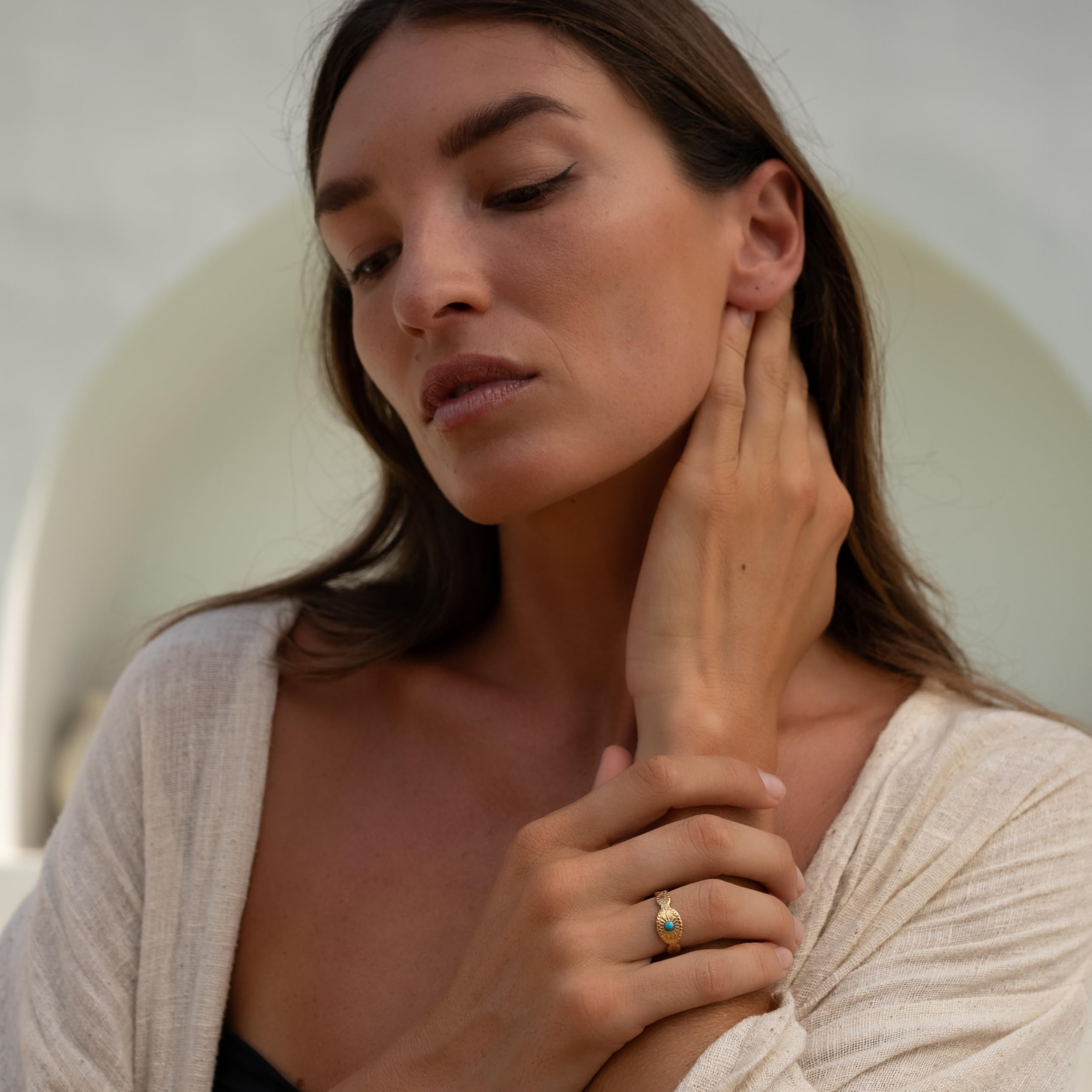 Made by Nami Boho Ring Gold Damen in Sonne Optik mit türkisem Stein aus Chirurgischem Edelstahl Größenverstellbar & Wasserfest Boho Schmuck Damen