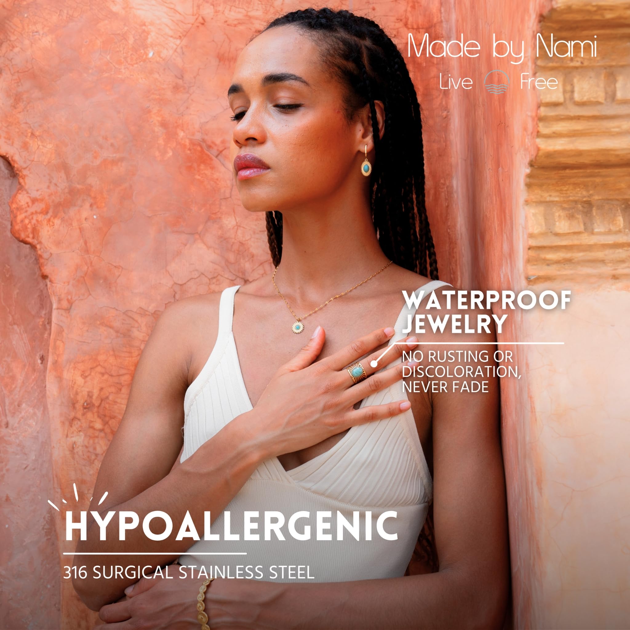 Made by Nami Boho Ring Gold Damen mit Edelstein Ring Verstellbar aus Chirurgischem Edelstahl 316 Geschenke für Frauen Wasserfester Schmuck (Sonnenstrahlen Gold)